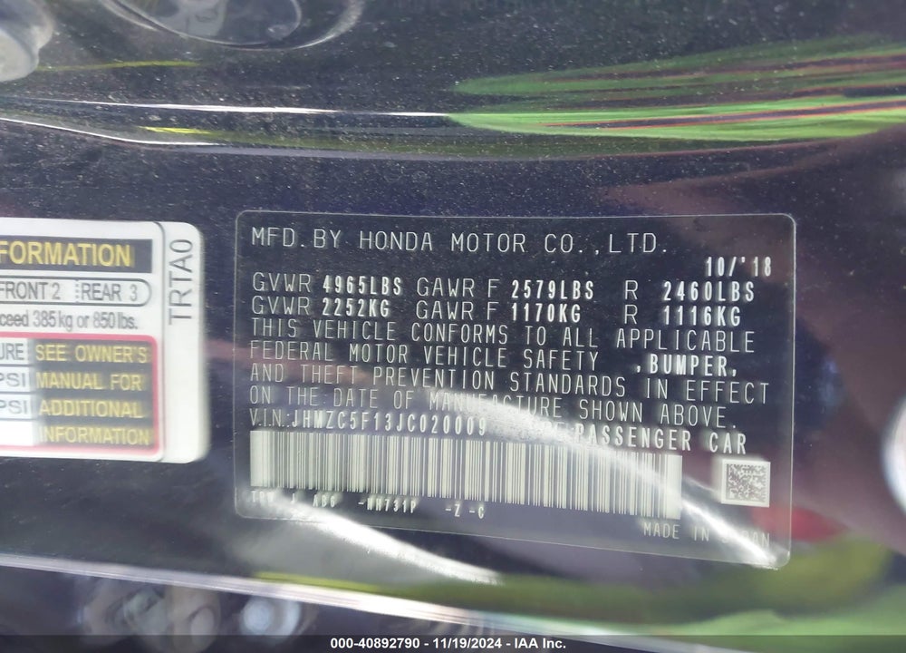 2018 HONDA CLARITY PLUG-IN HYBRID VIN: JHMZC5F13JC020009