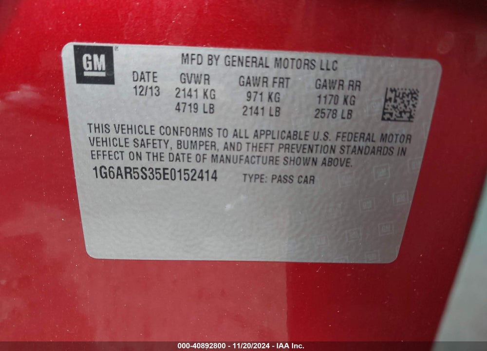 2014 CADILLAC CTS LUXURY VIN: 1G6AR5S35E0152414