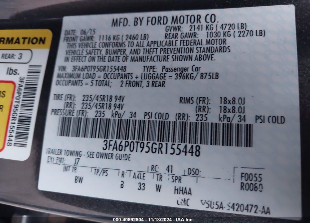 2016 FORD FUSION SE VIN: 3FA6P0T95GR155448