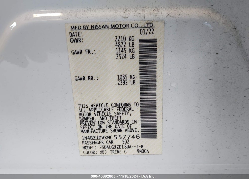 2022 NISSAN LEAF SL PLUS 62 KWH VIN: 1N4BZ1DVXNC557746
