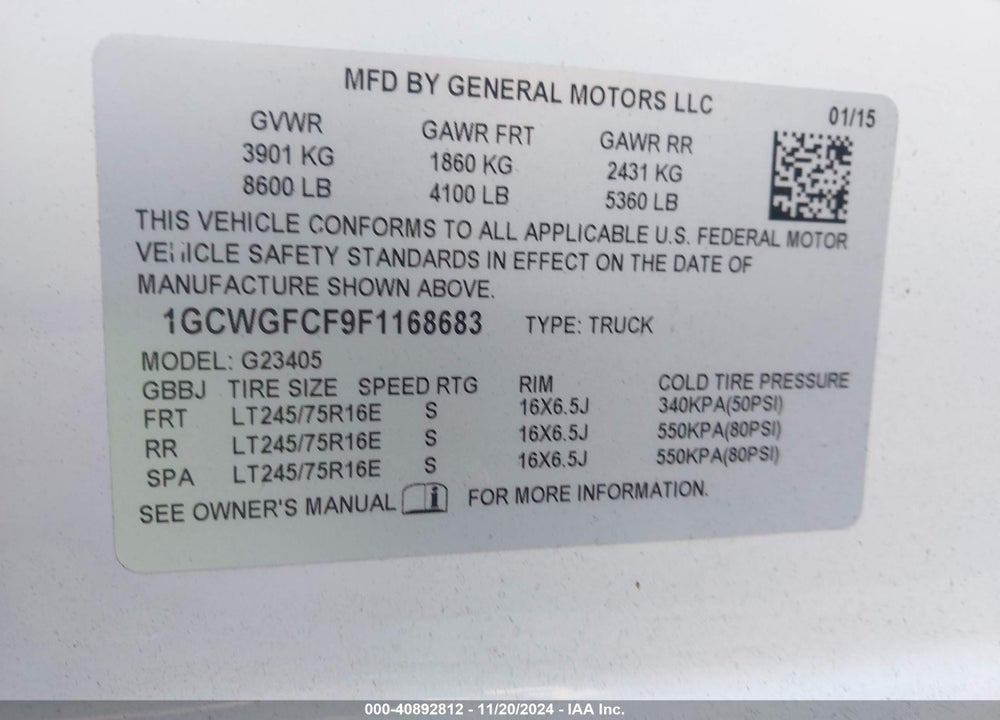 2015 CHEVROLET EXPRESS 2500 WORK VAN VIN: 1GCWGFCF9F1168683