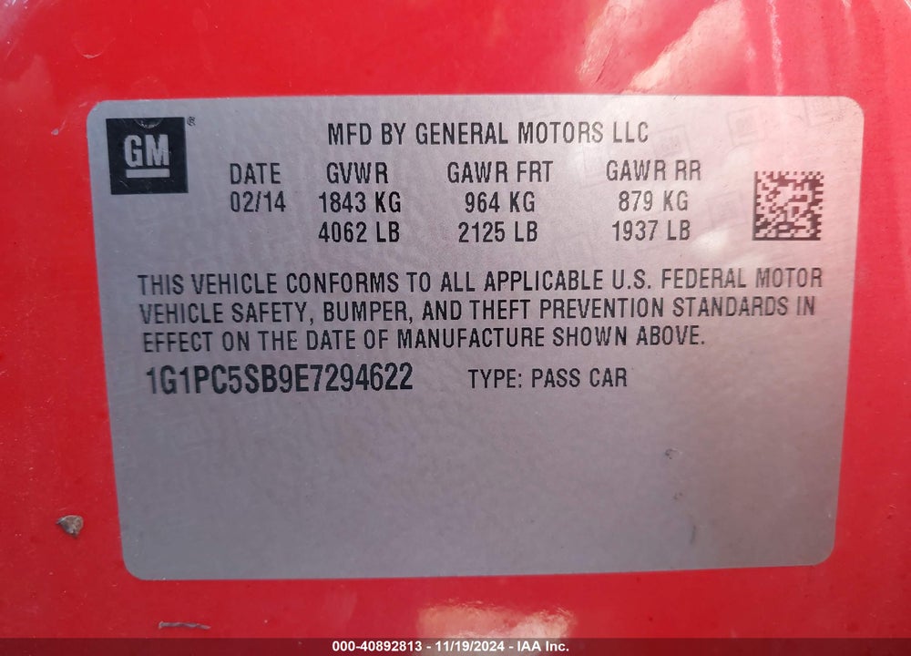 2014 CHEVROLET CRUZE 1LT AUTO VIN: 1G1PC5SB9E7294622