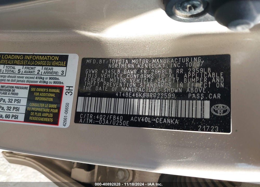 2008 TOYOTA CAMRY LE VIN: 4T4BE46K88R022599