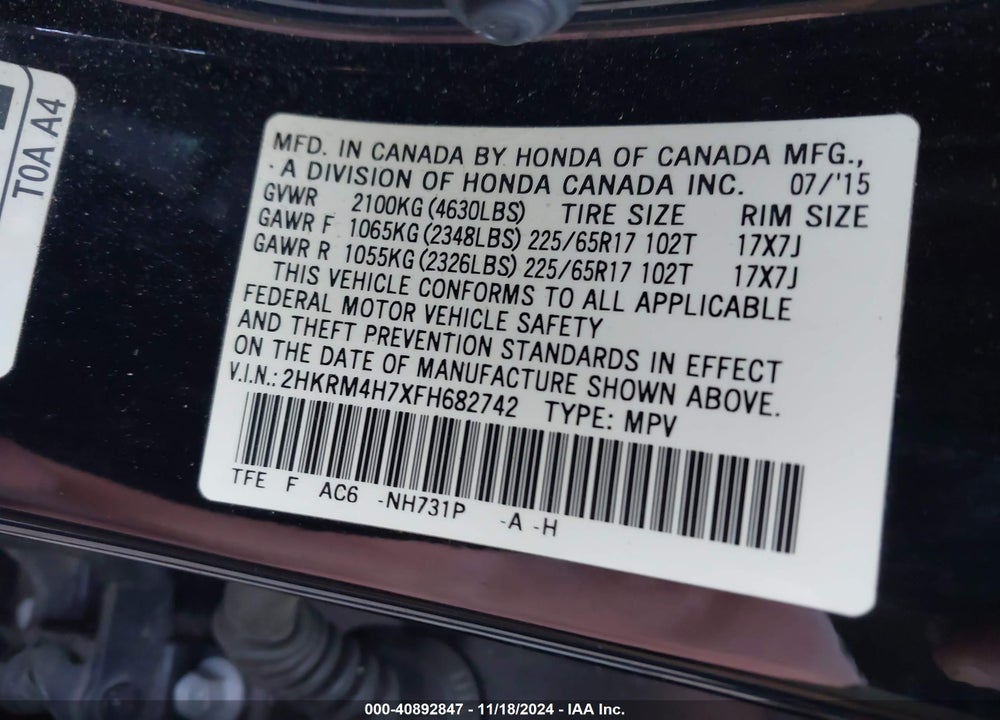 2015 HONDA CR-V EX-L VIN: 2HKRM4H7XFH682742