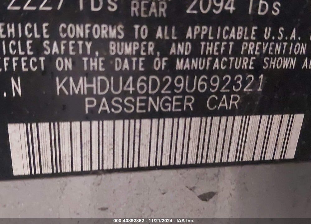2009 HYUNDAI ELANTRA GLS VIN: KMHDU46D29U692321