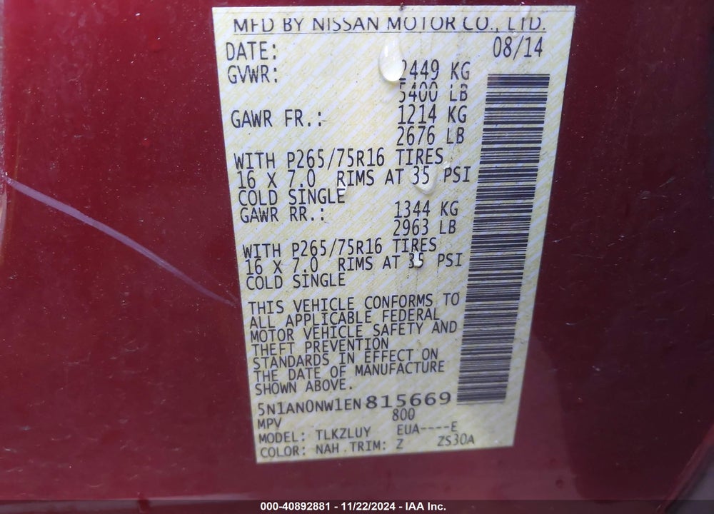 2014 NISSAN XTERRA PRO - 4X VIN: 5N1AN0NW1EN815669
