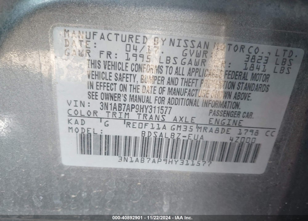 2017 NISSAN SENTRA S VIN: 3N1AB7AP9HY311577