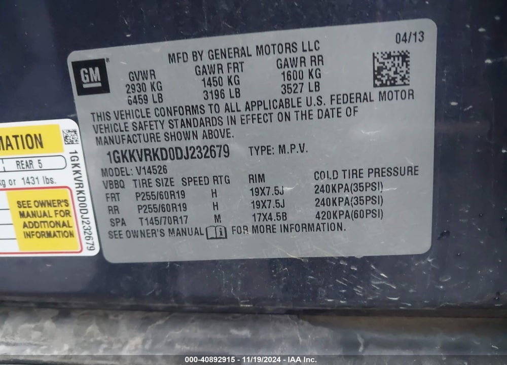 2013 GMC ACADIA VIN: 1GKKVRKD0DJ232679