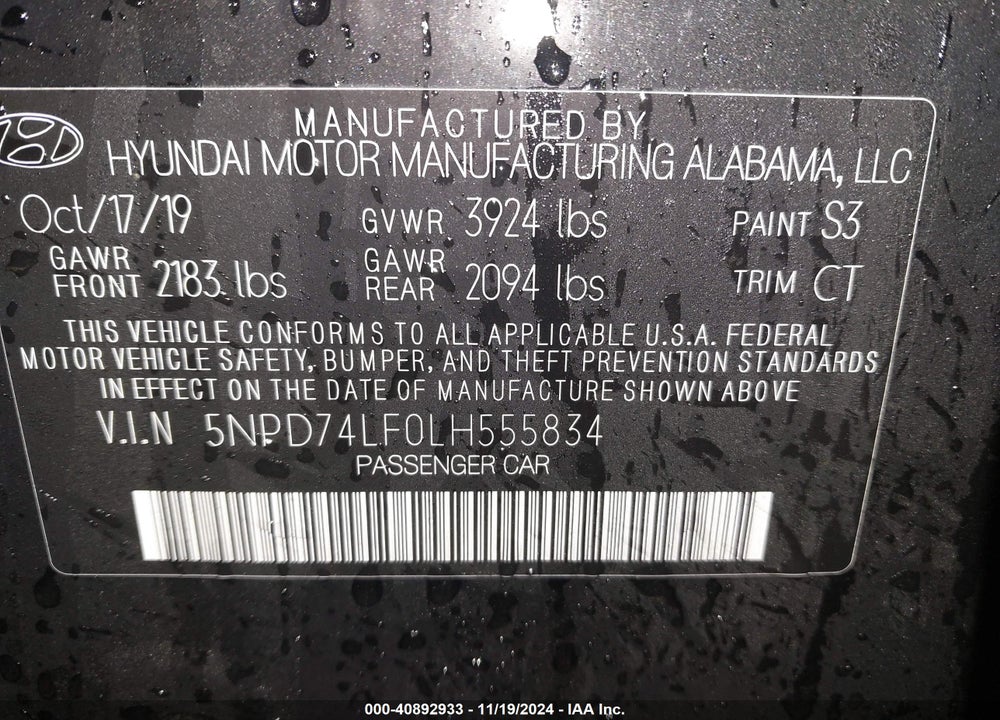 2020 HYUNDAI ELANTRA VIN: 5NPD74LF0LH555834