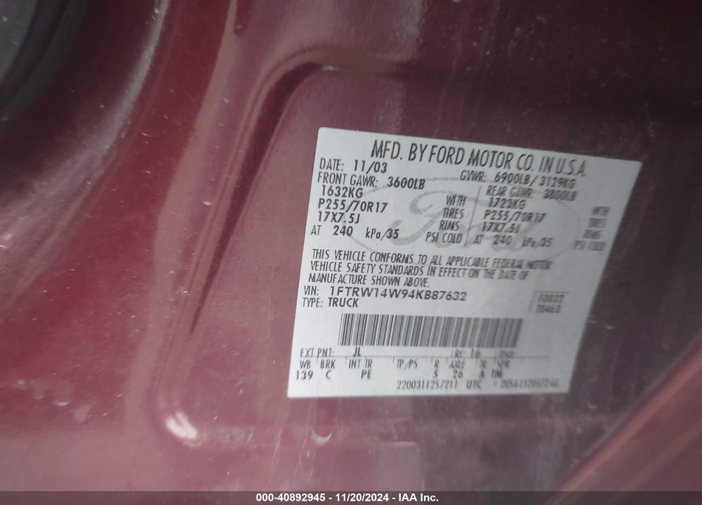 2004 FORD F-150 XLT VIN: 1FTRW14W94KB87632