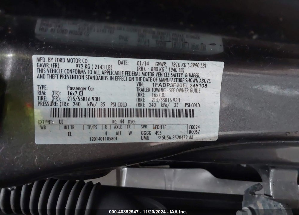 2014 FORD FOCUS SE VIN: 1FADP3F20EL245108