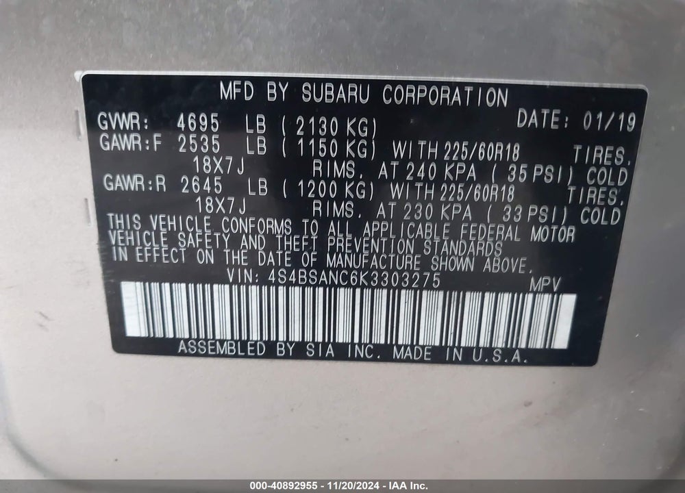 2019 SUBARU OUTBACK 2.5I LIMITED VIN: 4S4BSANC6K3303275