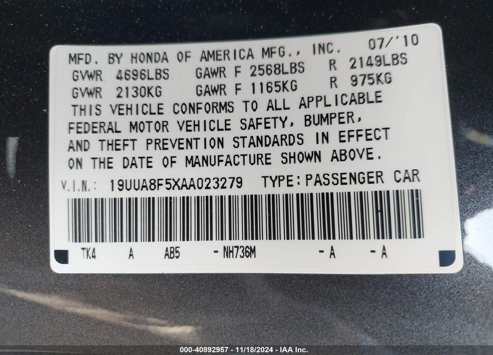2010 ACURA TL 3.5 VIN: 19UUA8F5XAA023279
