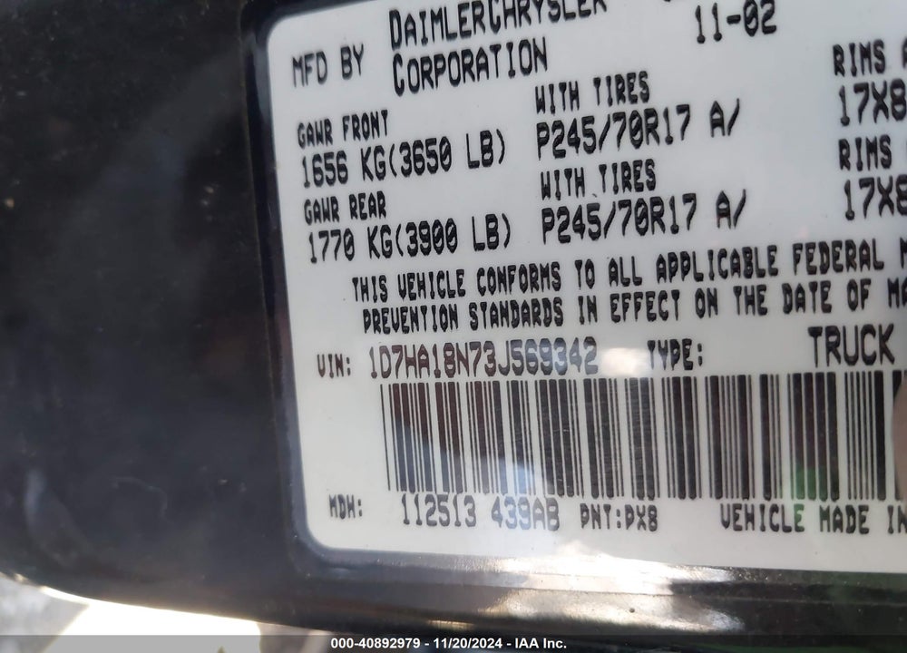 2003 DODGE RAM 1500 SLT/LARAMIE/ST VIN: 1D7HA18N73J569342