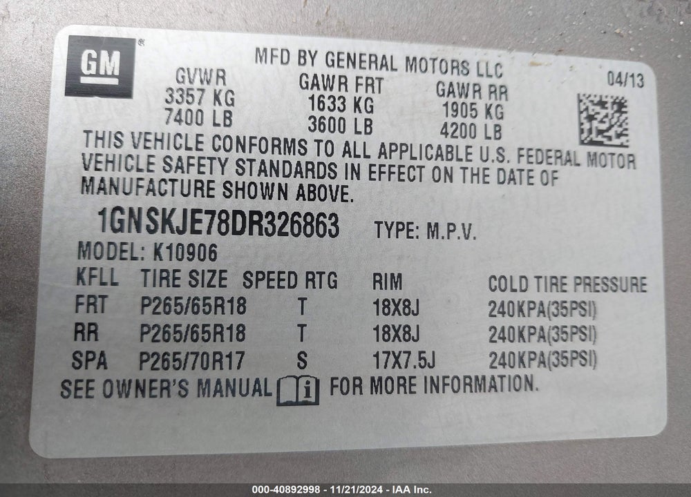 2013 CHEVROLET SUBURBAN 1500 LT VIN: 1GNSKJE78DR326863