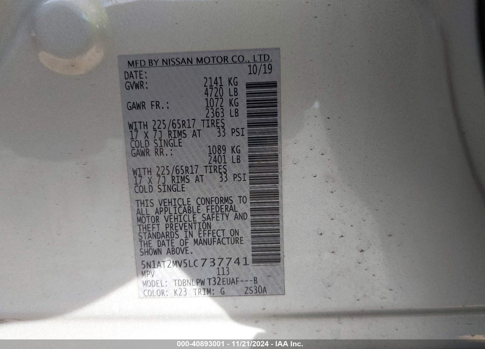 2020 NISSAN ROGUE S INTELLIGENT AWD VIN: 5N1AT2MV5LC737741