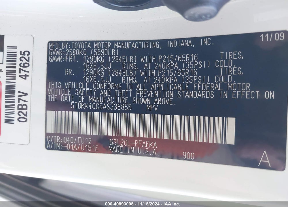 2010 TOYOTA SIENNA LE VIN: 5TDKK4CC5AS336855