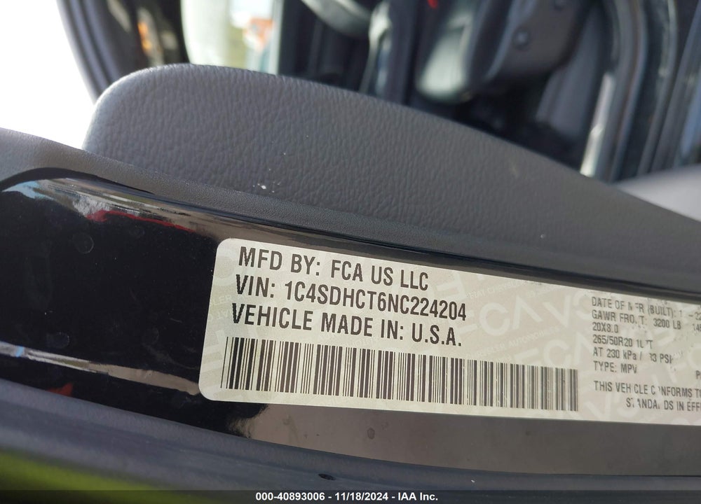 2022 DODGE DURANGO R/T RWD VIN: 1C4SDHCT6NC224204