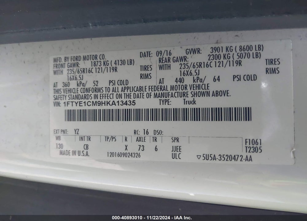 2017 FORD TRANSIT-150 VIN: 1FTYE1CM9HKA13435