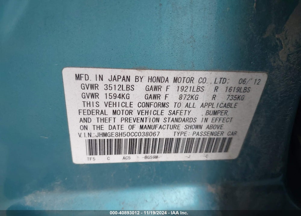 2012 HONDA FIT SPORT VIN: JHMGE8H50CC038067