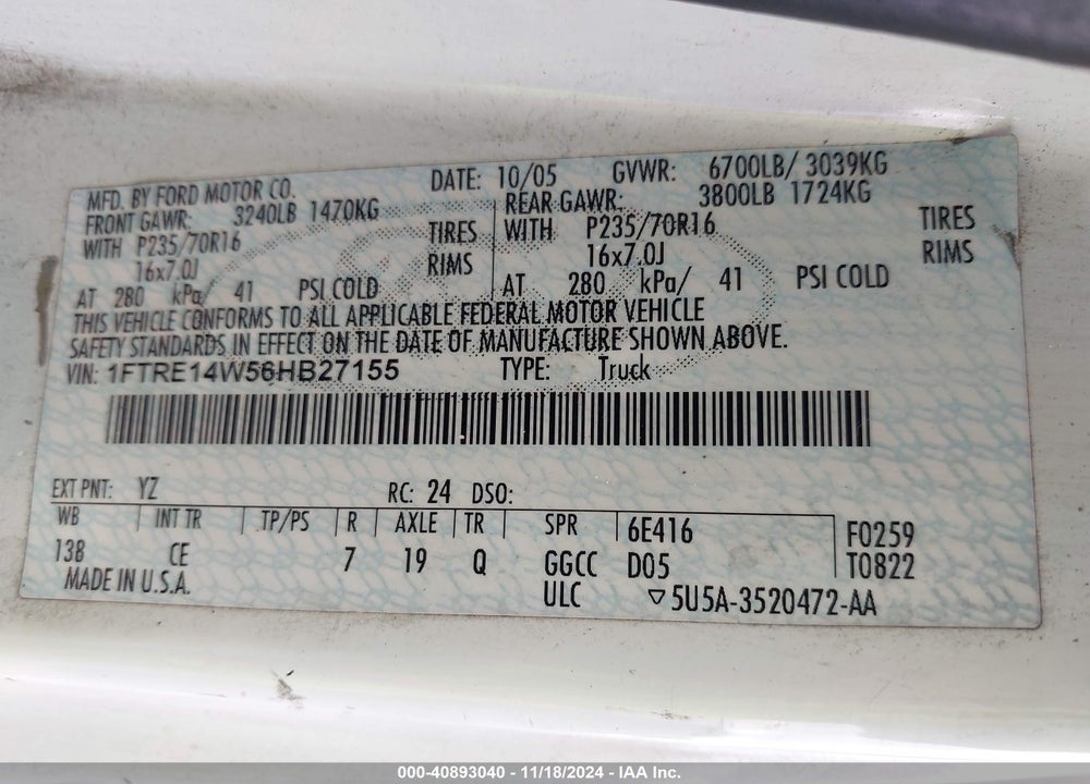 2006 FORD E-150 COMMERCIAL/RECREATIONAL VIN: 1FTRE14W56HB27155