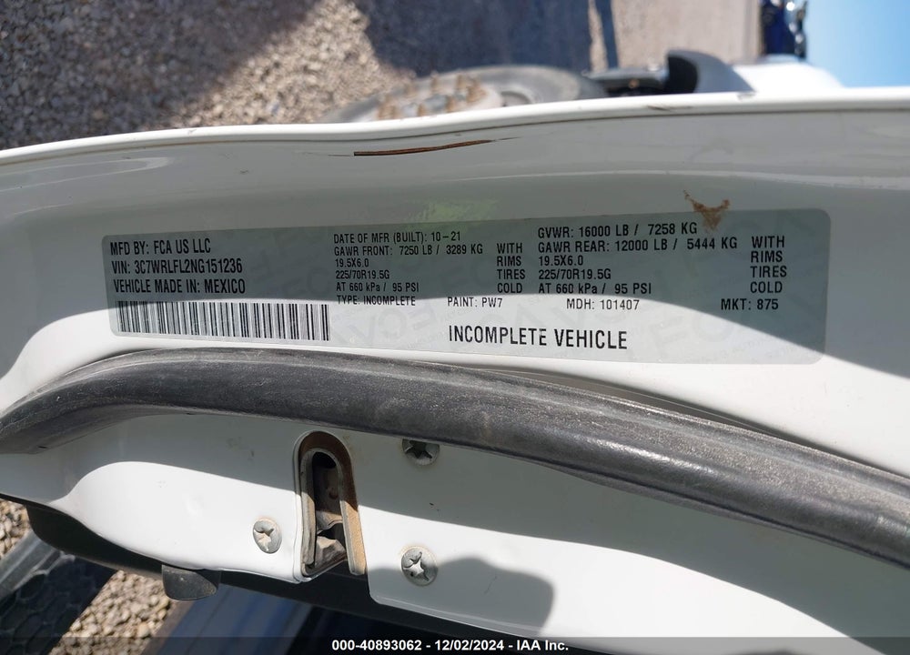 2022 RAM 4500 CHASSIS TRADESMAN/SLT/LAIE/LIMITED VIN: 3C7WRLFL2NG151236