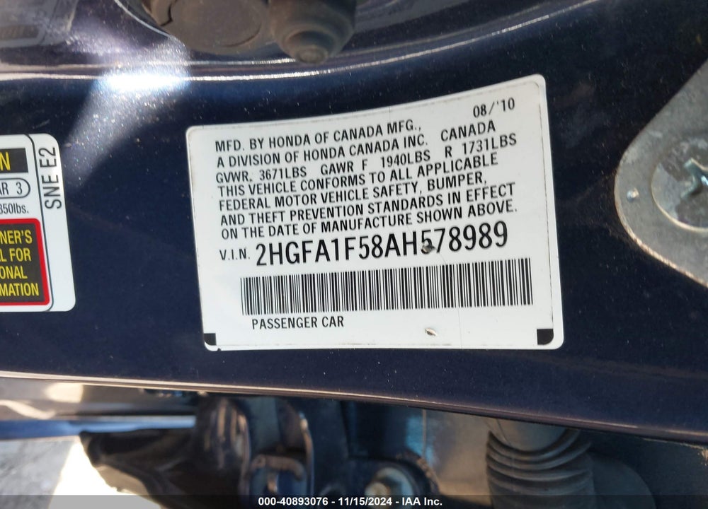 2010 HONDA CIVIC LX VIN: 2HGFA1F58AH578989