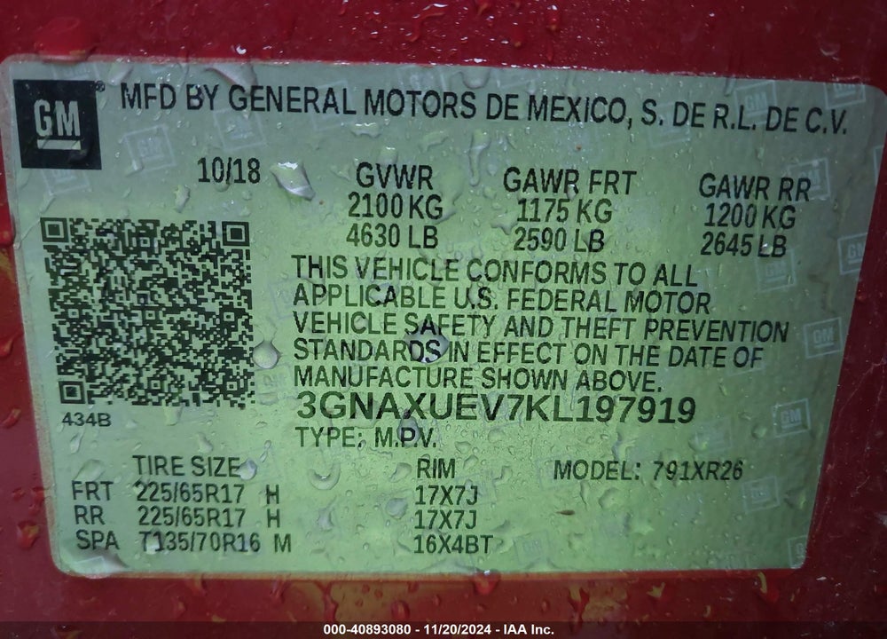 2019 CHEVROLET EQUINOX LT VIN: 3GNAXUEV7KL197919