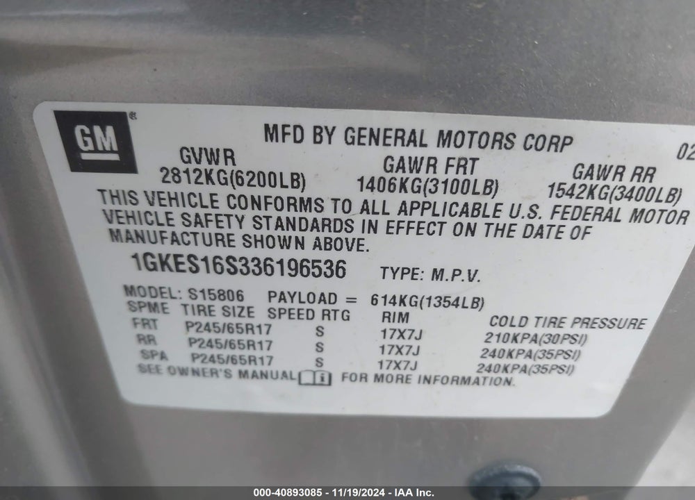 2003 GMC ENVOY XL SLE VIN: 1GKES16S336196536