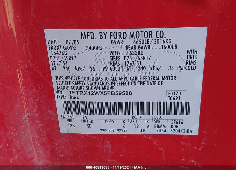 2005 FORD F-150 STX/XL/XLT VIN: 1FTRX12WX5FB59588