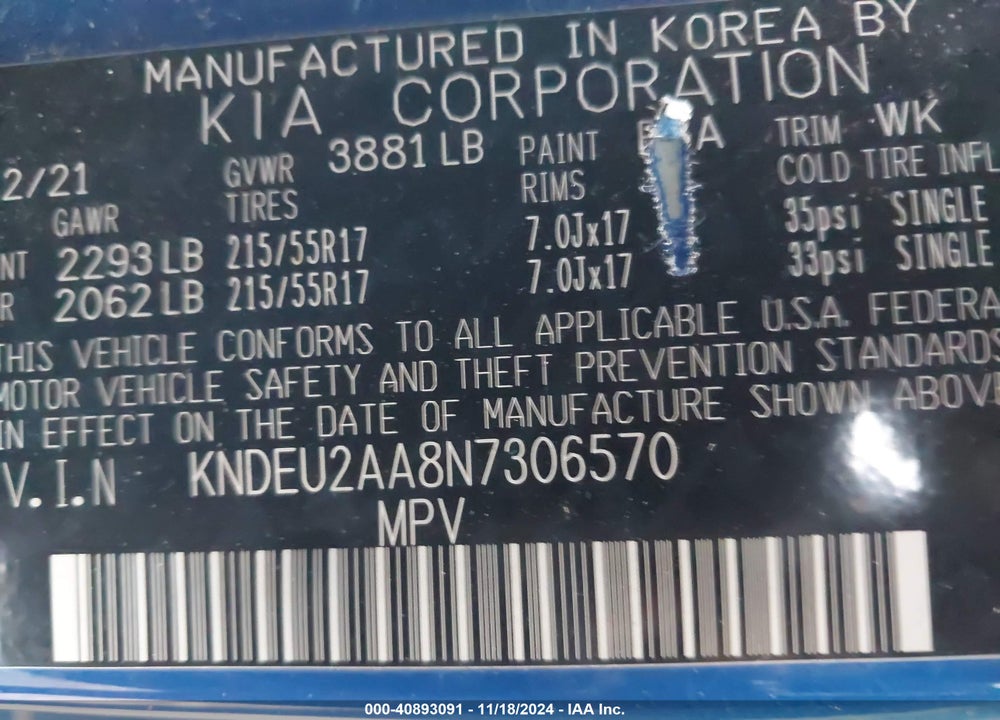 2022 KIA SELTOS S VIN: KNDEU2AA8N7306570