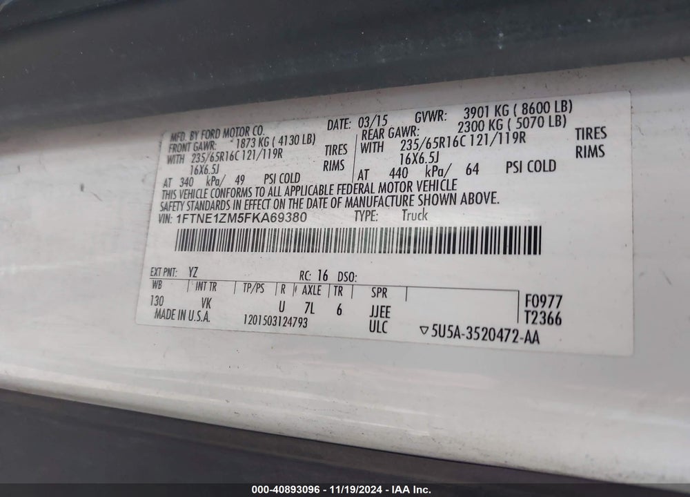 2015 FORD TRANSIT-150 VIN: 1FTNE1ZM5FKA69380