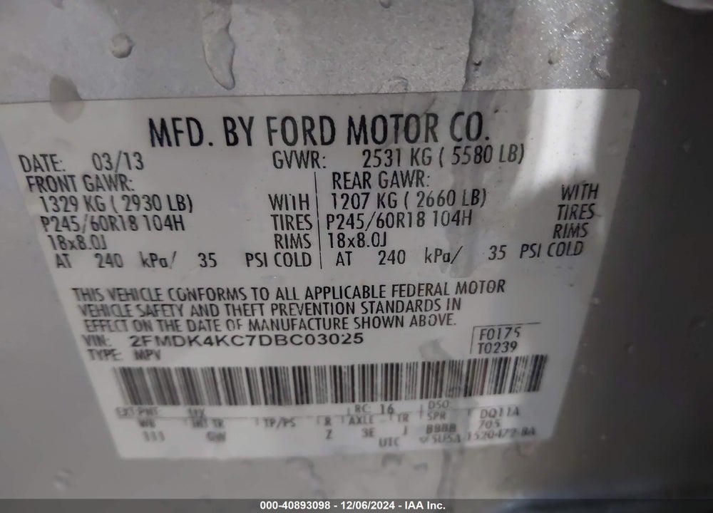 2013 FORD EDGE LIMITED VIN: 2FMDK4KC7DBC03025
