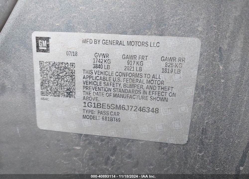 2018 CHEVROLET CRUZE LT AUTO VIN: 1G1BE5SM6J7246348