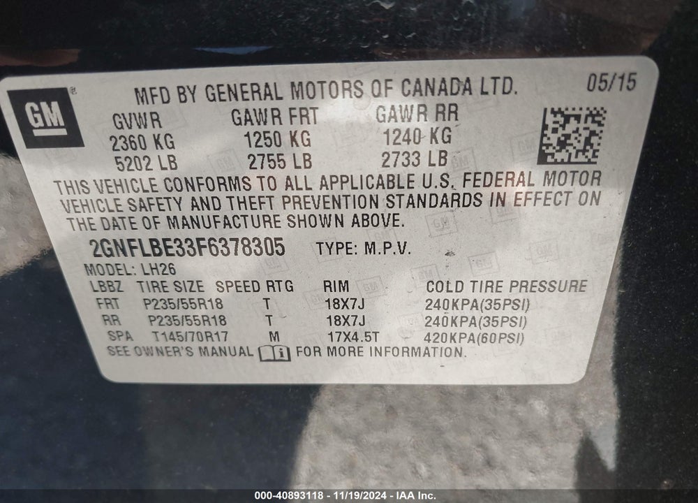 2015 CHEVROLET EQUINOX 1LT VIN: 2GNFLBE33F6378305