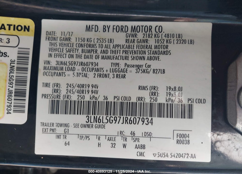 2018 LINCOLN MKZ VIN: 3LN6L5G97JR607934