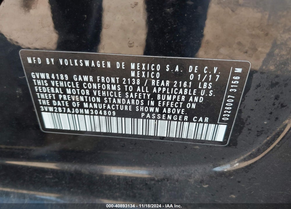 2017 VOLKSWAGEN JETTA 1.4T S VIN: 3VW2B7AJ0HM304809