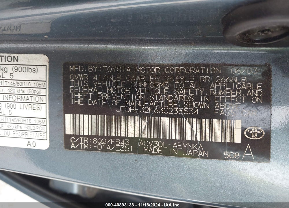 2003 TOYOTA CAMRY LE VIN: JTDBE32K630235534