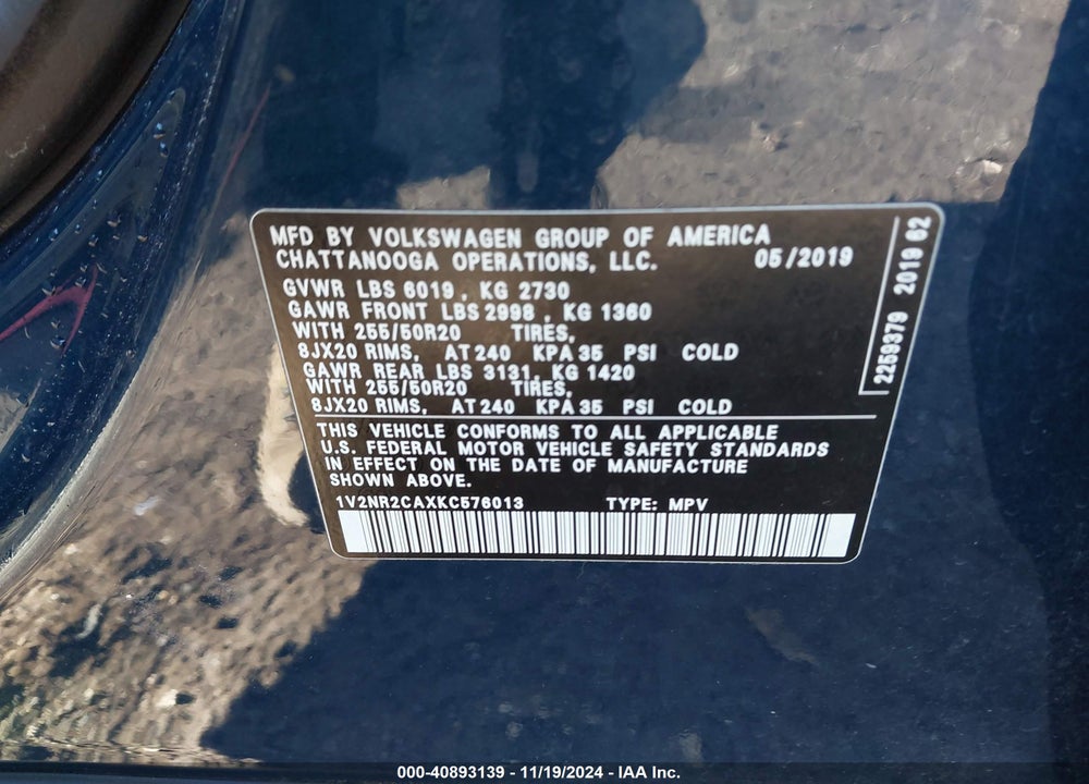 2019 VOLKSWAGEN ATLAS 3.6L V6 SEL PREMIUM VIN: 1V2NR2CAXKC576013