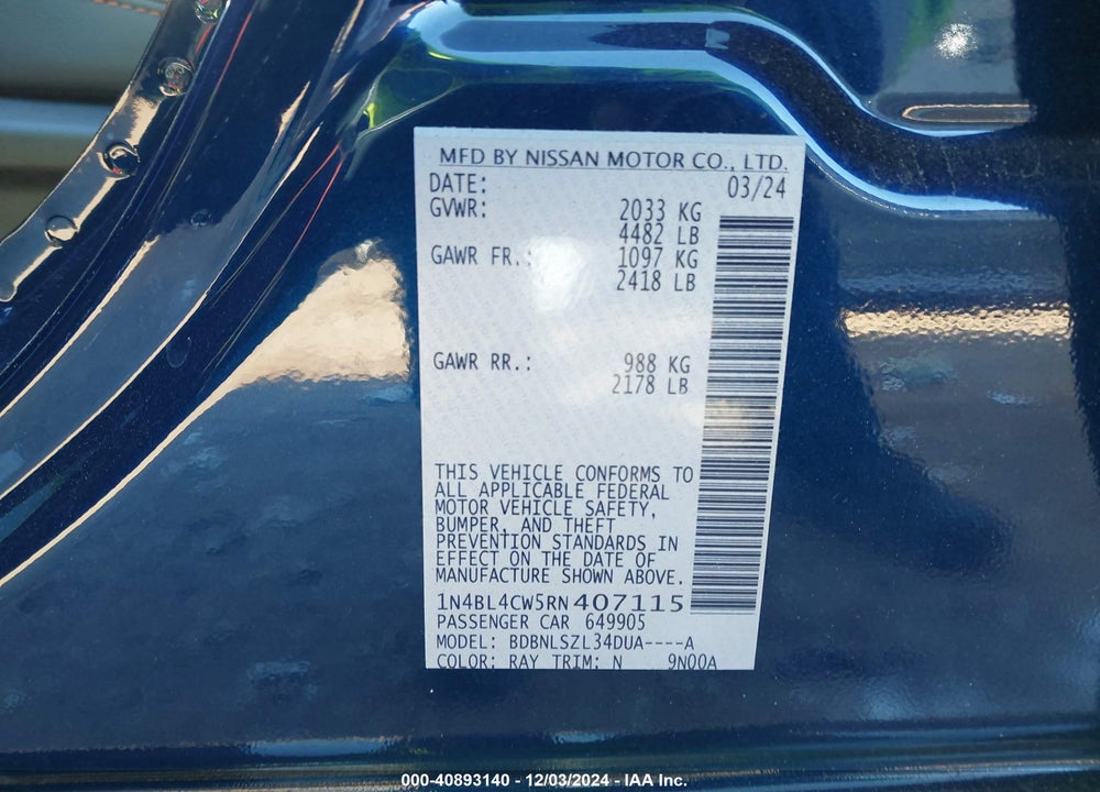 2024 NISSAN ALTIMA VIN: 1N4BL4CW5RN407115