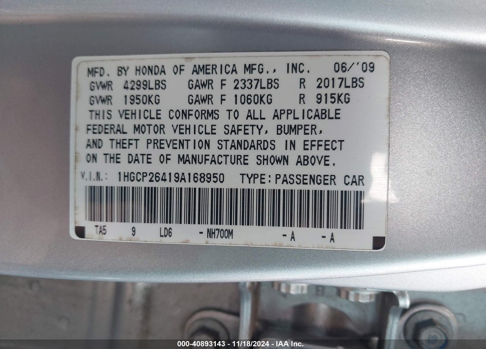 2009 HONDA ACCORD VIN: 1HGCP26419A168950
