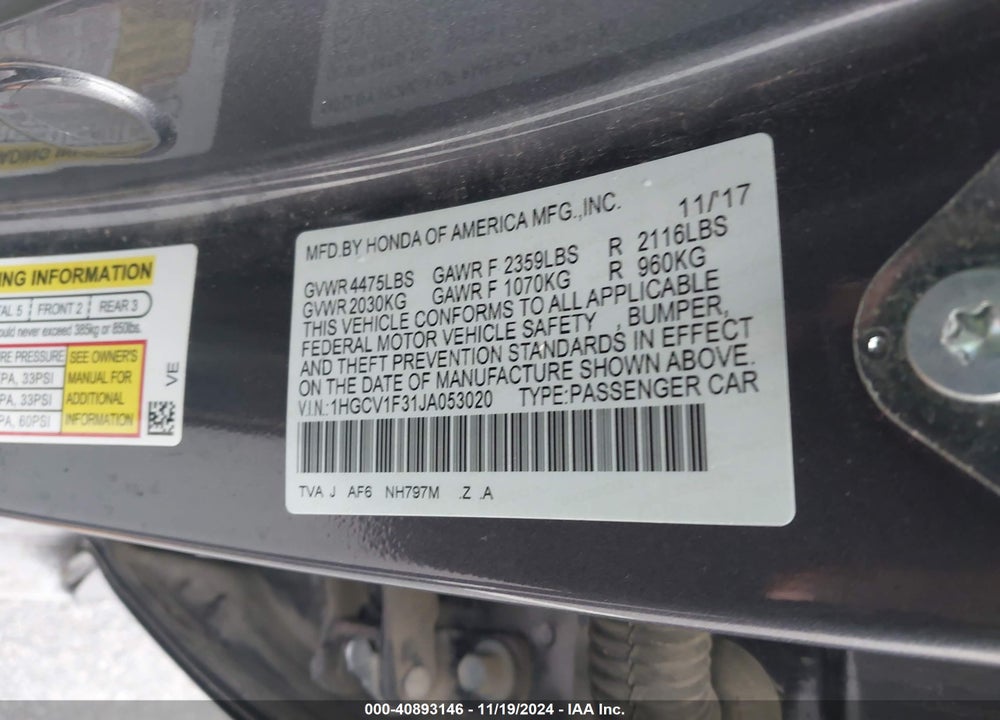2018 HONDA ACCORD SPORT VIN: 1HGCV1F31JA053020