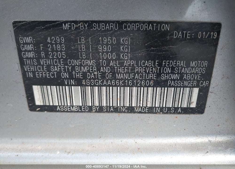 2019 SUBARU IMPREZA 2.0I VIN: 4S3GKAA66K1612606