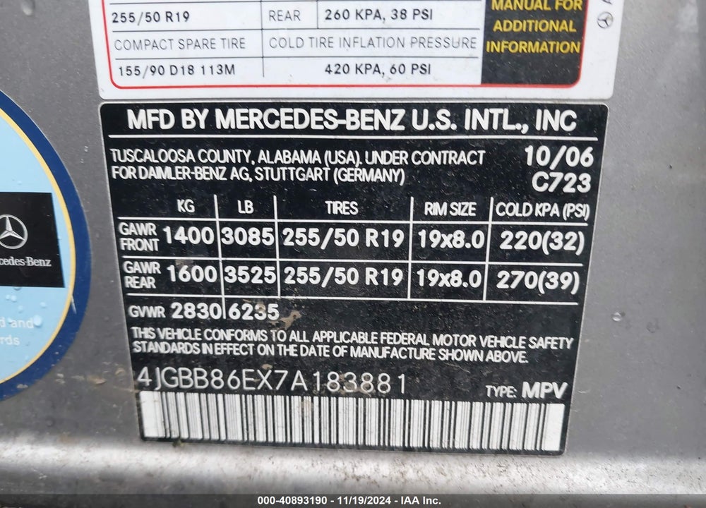 2007 MERCEDES-BENZ ML 350 4MATIC VIN: 4JGBB86EX7A183881