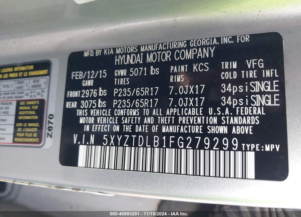 2015 HYUNDAI SANTA FE SPORT 2.4L VIN: 5XYZTDLB1FG279299