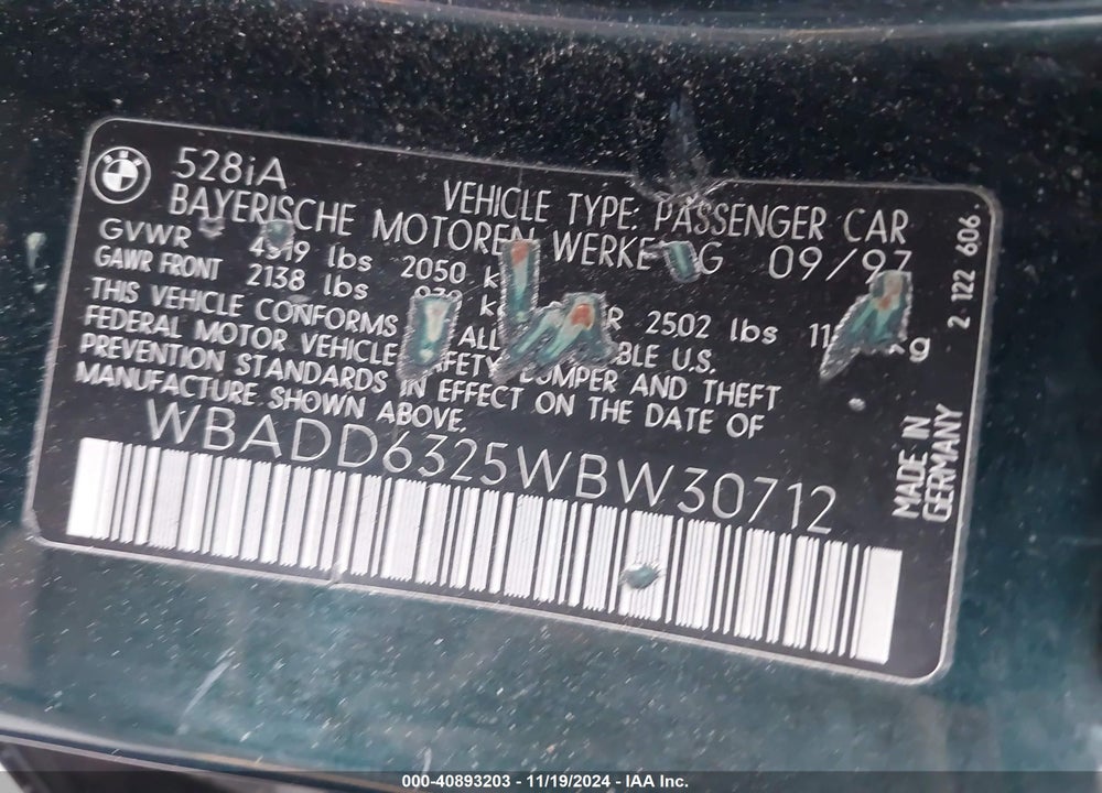 1998 BMW 528I VIN: WBADD6325WBW30712