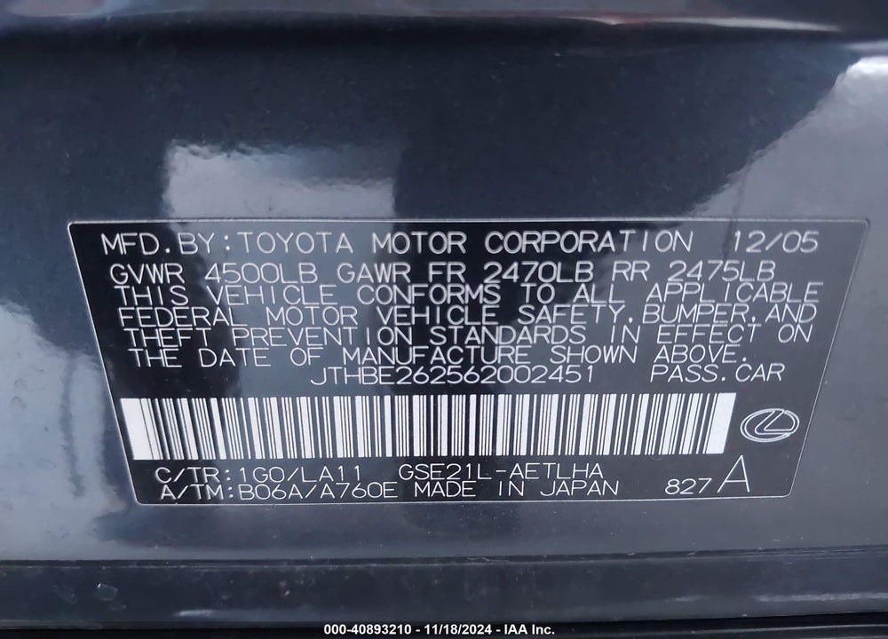 2006 LEXUS IS 350 VIN: JTHBE262562002451