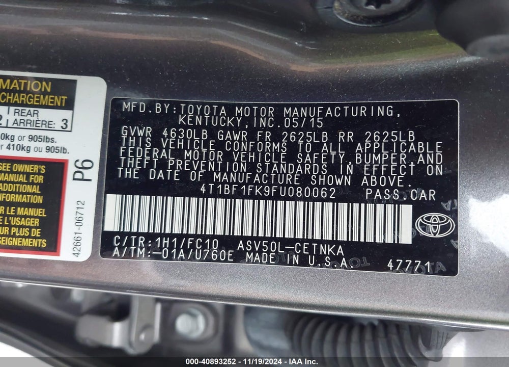 2015 TOYOTA CAMRY VIN: 4T1BF1FK9FU080062