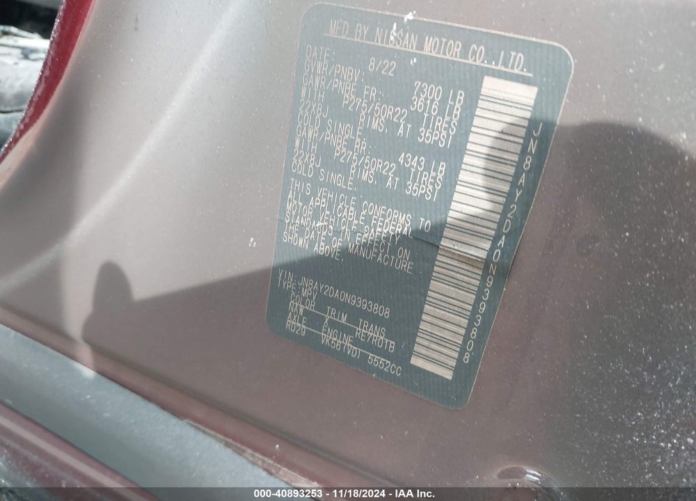 2022 NISSAN ARMADA PLATINUM 2WD VIN: JN8AY2DA0N9393808