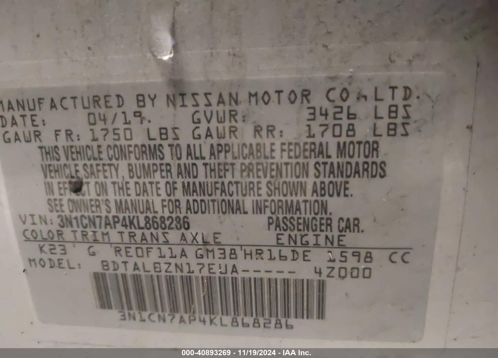 2019 NISSAN VERSA VIN: 3N1CN7AP4KL868286